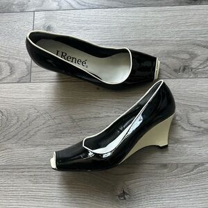 J.Renee Glossy Black and Cream Peep Toe Wedges